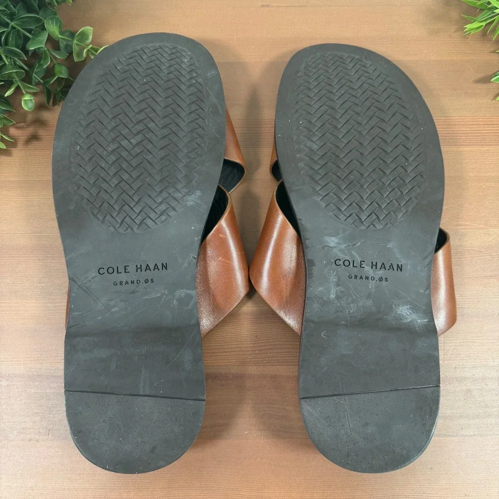Cole Haan Mens Grand OS Cross Strap British Tan Leather Slide Sandals Size 9